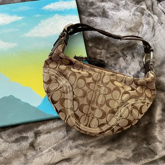 Coach Signature Jacquard Logo Mini Hobo Shoulder Bag Tan Brown - Picture 1 of 6